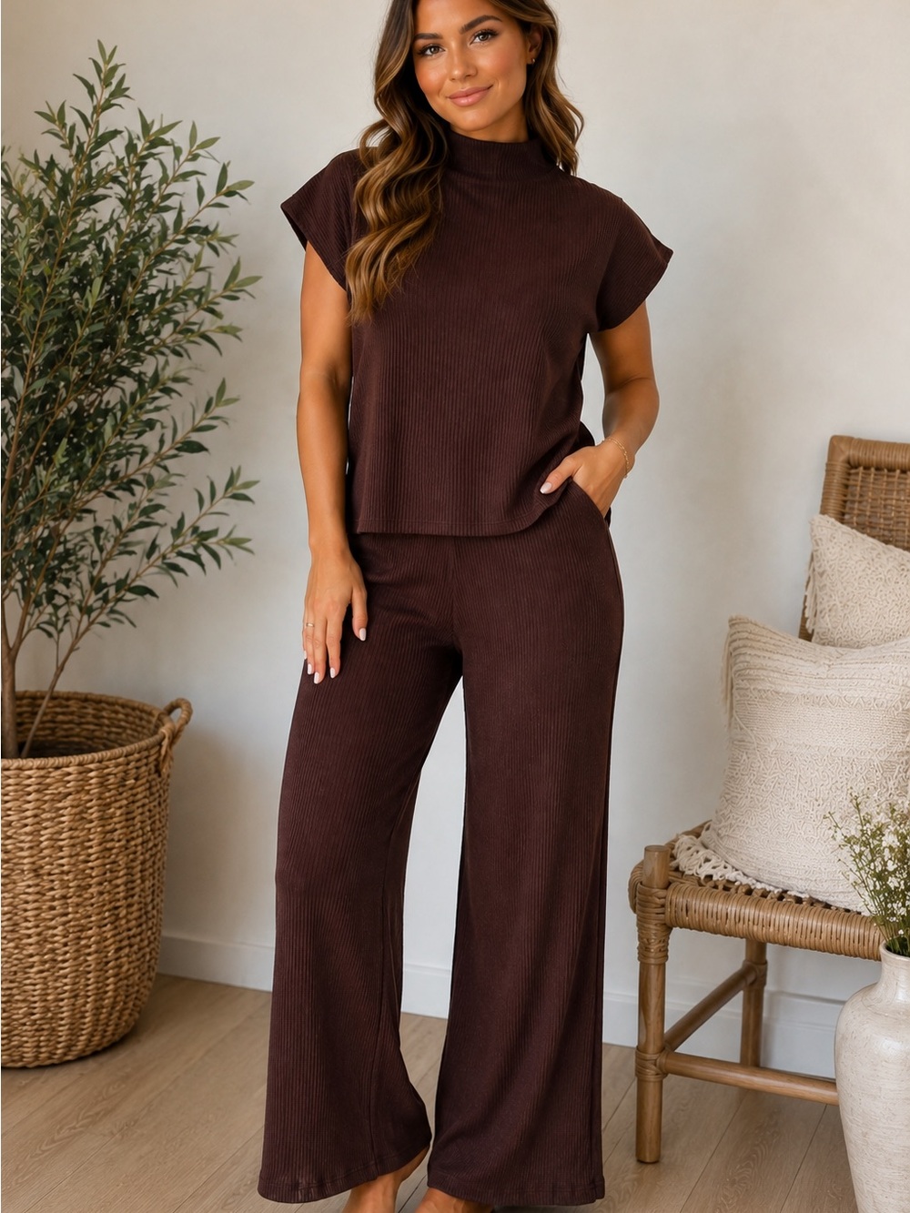 Zenana Outfitters Ribbed Wide-Leg set in Brown medium